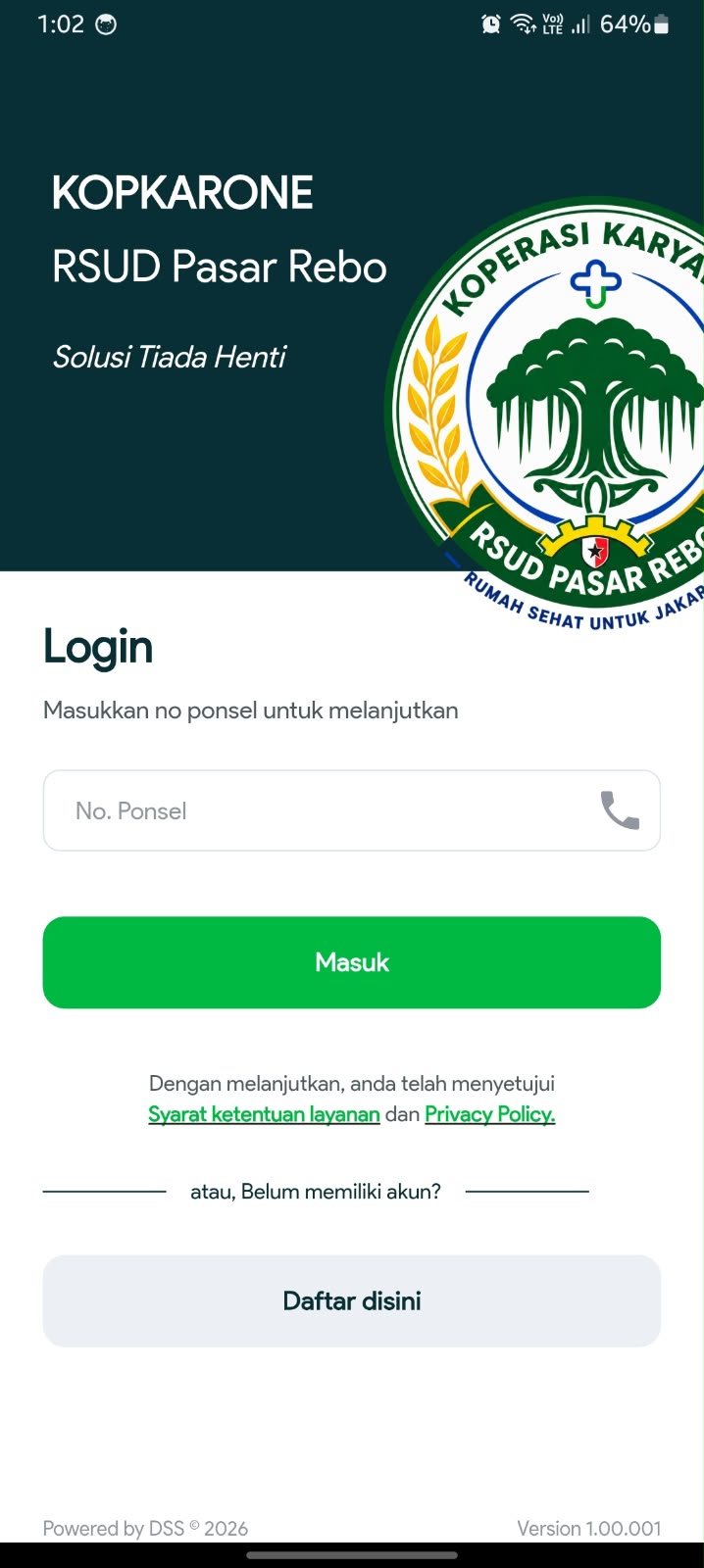 Tampilan login aplikasi KOPKARONE RSPR